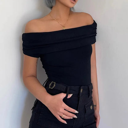 TAMBREET Black Off Shoulder Elegant Short Tops Side Pleated Fashion Slim Sexy Cropped T Shirt Women Summer Y2k Clothing Skinny Top