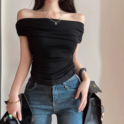 TAMBREET Black Off Shoulder Elegant Short Tops Side Pleated Fashion Slim Sexy Cropped T Shirt Women Summer Y2k Clothing Skinny Top