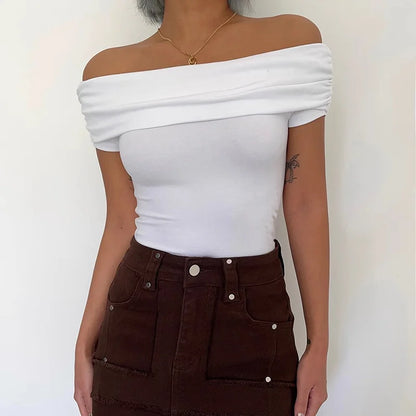 TAMBREET Black Off Shoulder Elegant Short Tops Side Pleated Fashion Slim Sexy Cropped T Shirt Women Summer Y2k Clothing Skinny Top