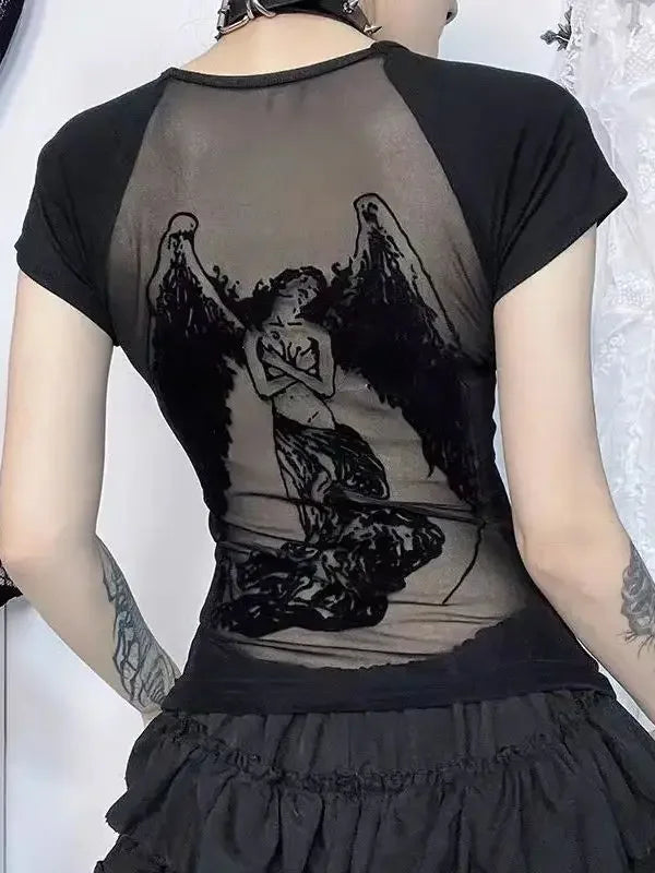 TAMBREET Black Retro Angel Print T-shirt for Women 2024 Spring Fashion Slim Fit Tee Shirt Y2k E-Girl Long Sleeve Bottoming Tops Mujer New