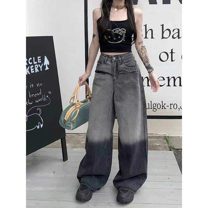 TAMBREET Black Women Jeans High Waist Fashion American Vintage Y2K Streetwear Wide Leg Jean Female Denim Trouser 2024 Baggy Denim Pants