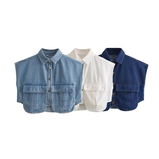 TAMBREET Blouse Women Fashion with Pockets Cropped Denim Shirts Sexy Sleeveless Button-up Female Blouses Vintage Blusas Chic Tops