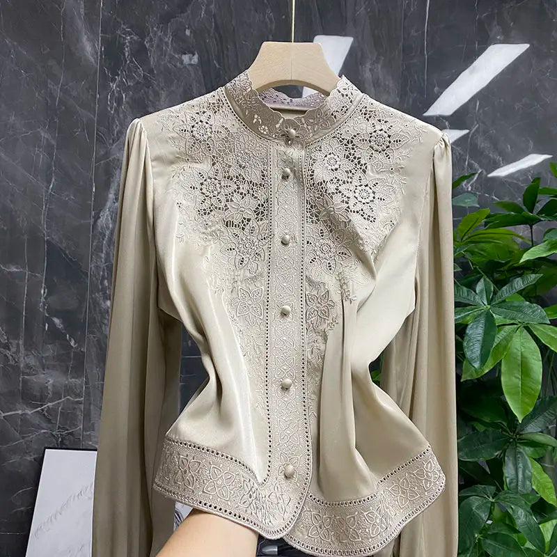 TAMBREET Blouse female European and American embroidery stand-up collar long-sleeved heavy imitation silk mulberry shirt women autumn