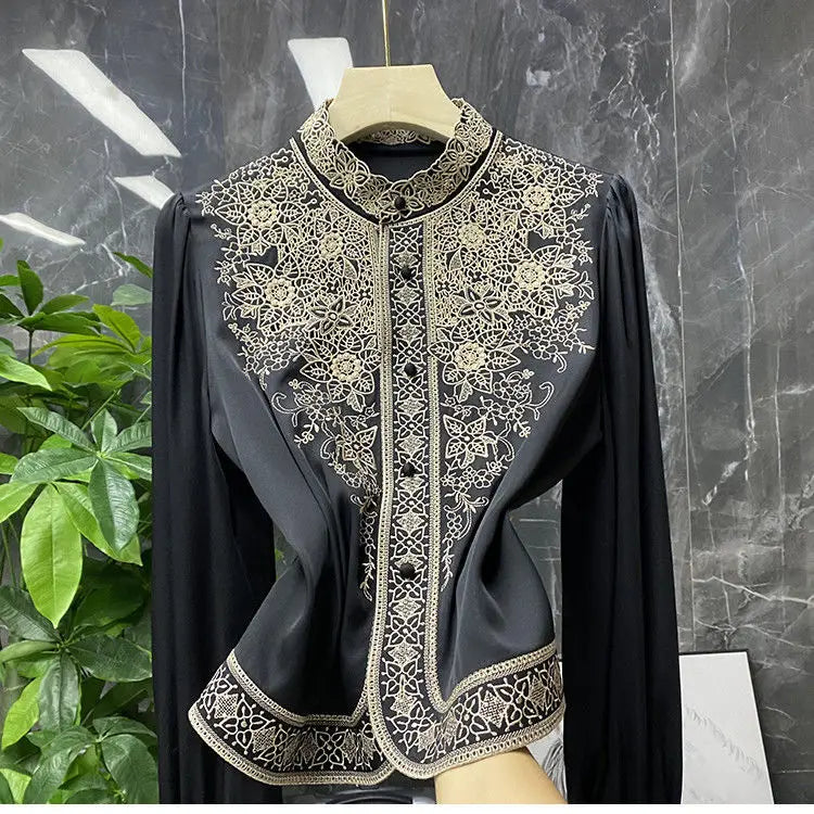 TAMBREET Blouse female European and American embroidery stand-up collar long-sleeved heavy imitation silk mulberry shirt women autumn