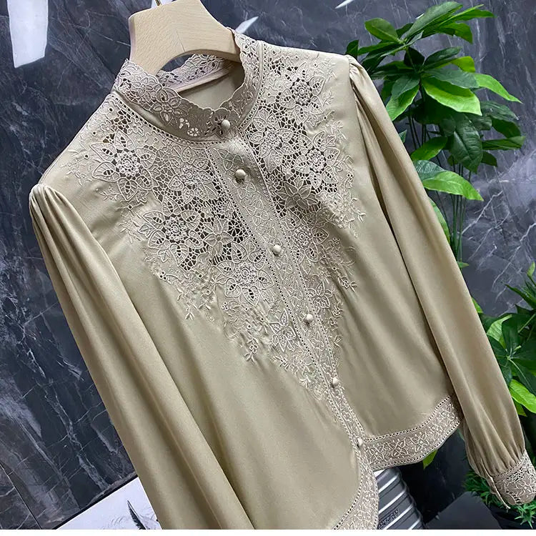 TAMBREET Blouse female European and American embroidery stand-up collar long-sleeved heavy imitation silk mulberry shirt women autumn