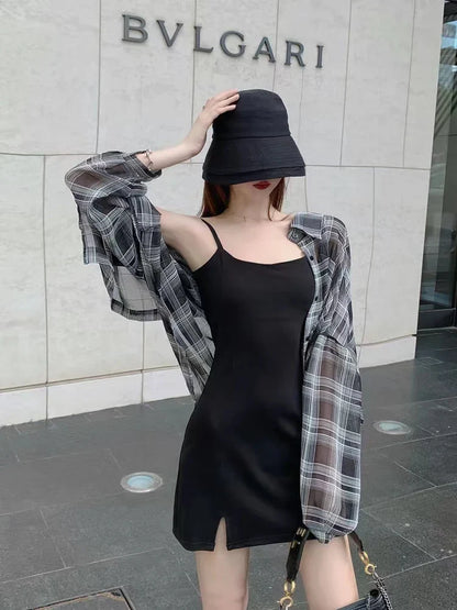 TAMBREET Blouses Women Plaid Chic Daily Outwear Loose Vacation Elegant Simple Long Sleeve Shirts Ladies Korean Summer Sun-proof Shirt