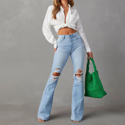 TAMBREET Blue Jeans for Women Pants Jeans Casual Long Flare Pants Slim High Waist Hole Denim Trousers Button Capris Y2k Spring 2024