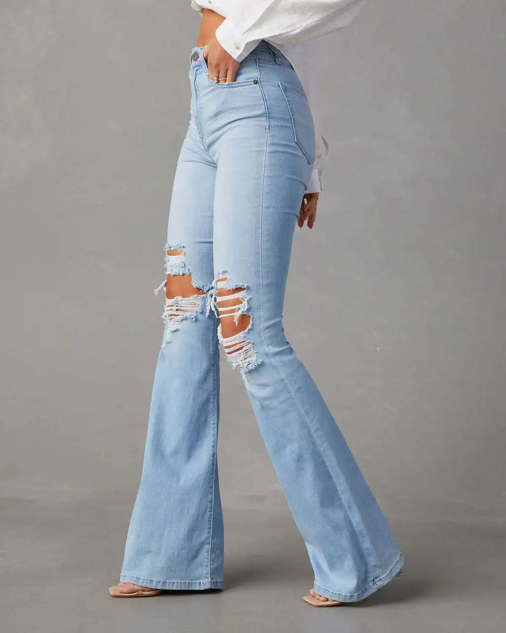 TAMBREET Blue Jeans for Women Pants Jeans Casual Long Flare Pants Slim High Waist Hole Denim Trousers Button Capris Y2k Spring 2024