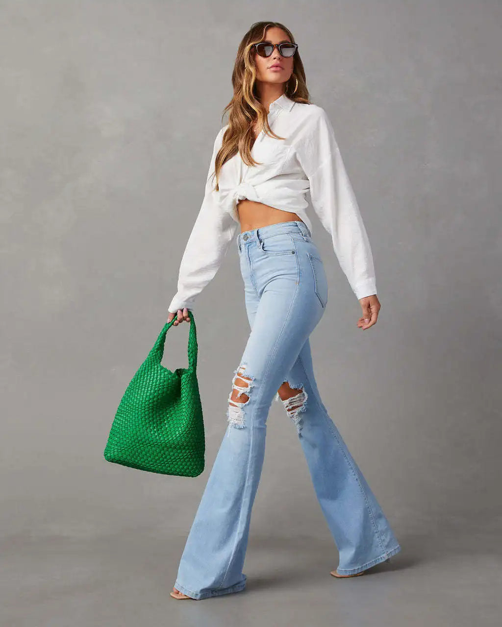 TAMBREET Blue Jeans for Women Pants Jeans Casual Long Flare Pants Slim High Waist Hole Denim Trousers Button Capris Y2k Spring 2024