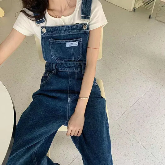 TAMBREET Blue Jumpsuits Jeans Women Straight Fashion Casual Wide Leg Pants Streetwear High Waist Vintage Female Harajuku Y2K Trousers