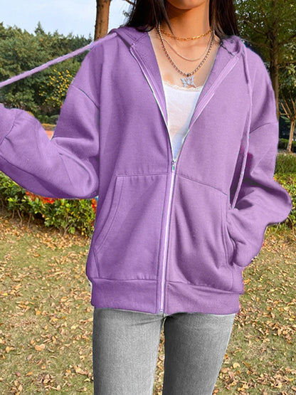 TAMBREET Brown Purple Black Zip Hooded Sweatshirt Winter Jacket Top Oversized Hoodie Retro Pocket Woman Clothes Long Sleeve Pullover