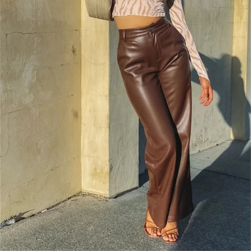 TAMBREET Brown Straight Faux Pu Leather Trousers for Women High Waist Zipper-Up Casual Female Autumn Brown Fleece Leather Wide Leg Pants