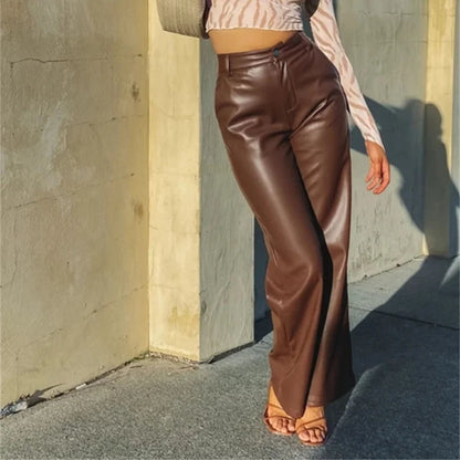 TAMBREET Brown Straight Faux Pu Leather Trousers for Women High Waist Zipper-Up Casual Female Autumn Brown Fleece Leather Wide Leg Pants