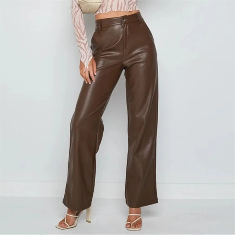 TAMBREET Brown Straight Faux Pu Leather Trousers for Women High Waist Zipper-Up Casual Female Autumn Brown Fleece Leather Wide Leg Pants