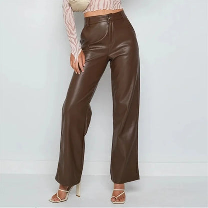 TAMBREET Brown Straight Faux Pu Leather Trousers for Women High Waist Zipper-Up Casual Female Autumn Brown Fleece Leather Wide Leg Pants