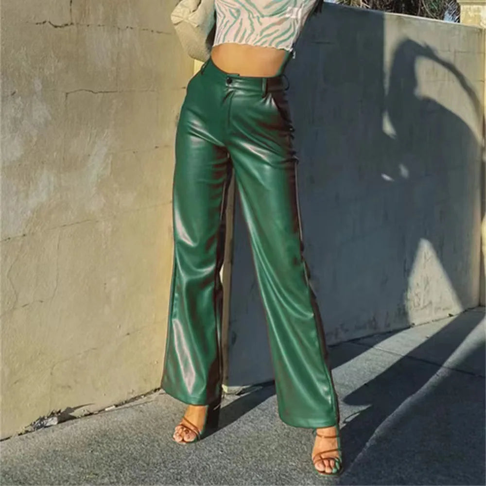 TAMBREET Brown Straight Faux Pu Leather Trousers for Women High Waist Zipper-Up Casual Female Autumn Brown Fleece Leather Wide Leg Pants