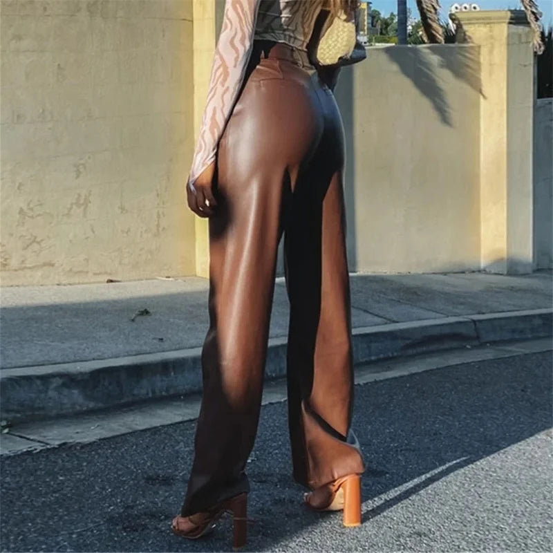 TAMBREET Brown Straight Faux Pu Leather Trousers for Women High Waist Zipper-Up Casual Female Autumn Brown Fleece Leather Wide Leg Pants