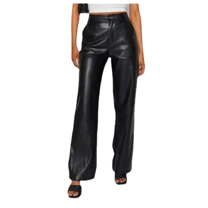 TAMBREET Brown Straight Faux Pu Leather Trousers for Women High Waist Zipper-Up Casual Female Autumn Brown Fleece Leather Wide Leg Pants