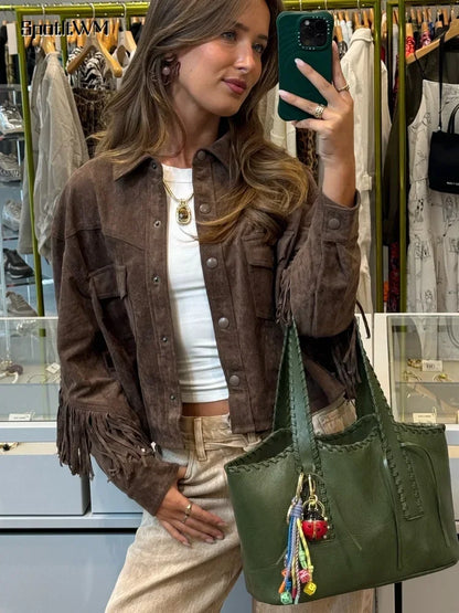 TAMBREET Brown Vintage Tassels Suede Leather Women's Jackets Casual Long Sleeved Pockets Outerwear Fashion Chic Autumn Street Crop Coats