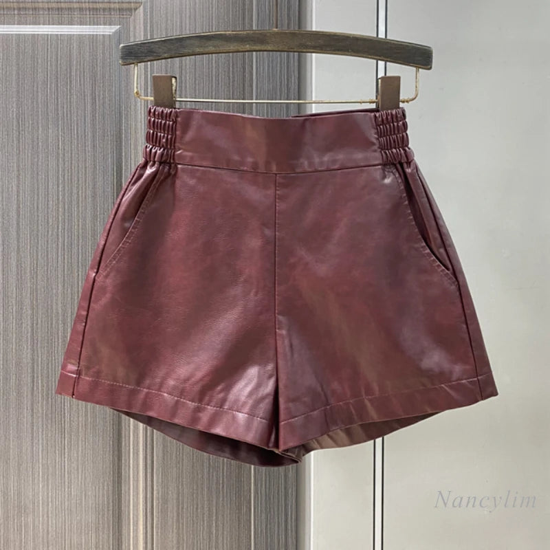 TAMBREET Burgundy PU Leather Shorts Women's Boots Early Autumn Winter 2024 New Temperament Age-reducing A-lime Wide-leg Leather Shorts