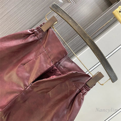 TAMBREET Burgundy PU Leather Shorts Women's Boots Early Autumn Winter 2024 New Temperament Age-reducing A-lime Wide-leg Leather Shorts