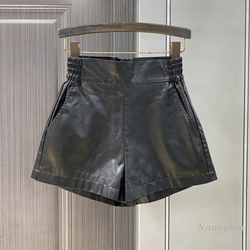 TAMBREET Burgundy PU Leather Shorts Women's Boots Early Autumn Winter 2024 New Temperament Age-reducing A-lime Wide-leg Leather Shorts