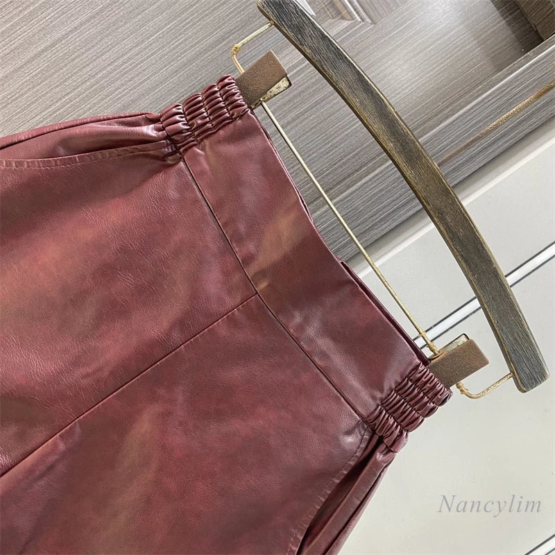 TAMBREET Burgundy PU Leather Shorts Women's Boots Early Autumn Winter 2024 New Temperament Age-reducing A-lime Wide-leg Leather Shorts