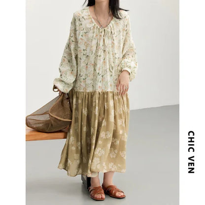 TAMBREET CHIC VEN Korean Women's Dresses Drawstring Floral Dress for Woman Pullover  Dress New Style Spring Summer 2024