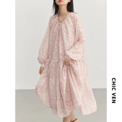 TAMBREET CHIC VEN Korean Women's Dresses Drawstring Floral Dress for Woman Pullover  Dress New Style Spring Summer 2024