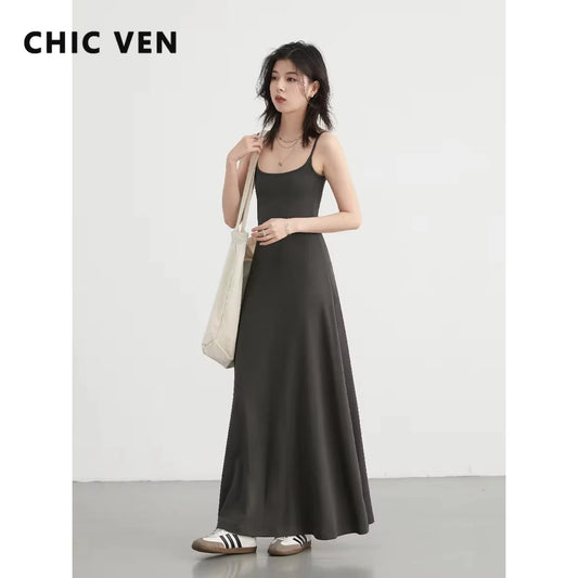 TAMBREET CHIC VEN Women Dresses Solid New Sleeveless Girl U-Neck Strap Dress Slim Fit Long Pullover Soft Female Dress Summer 2024