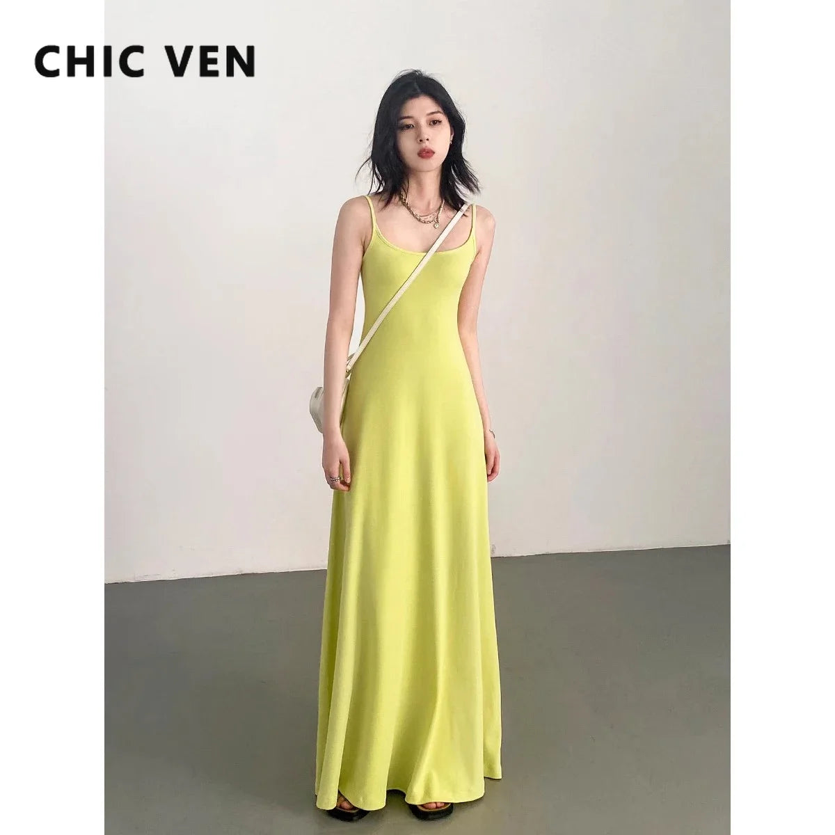 TAMBREET CHIC VEN Women Dresses Solid New Sleeveless Girl U-Neck Strap Dress Slim Fit Long Pullover Soft Female Dress Summer 2024