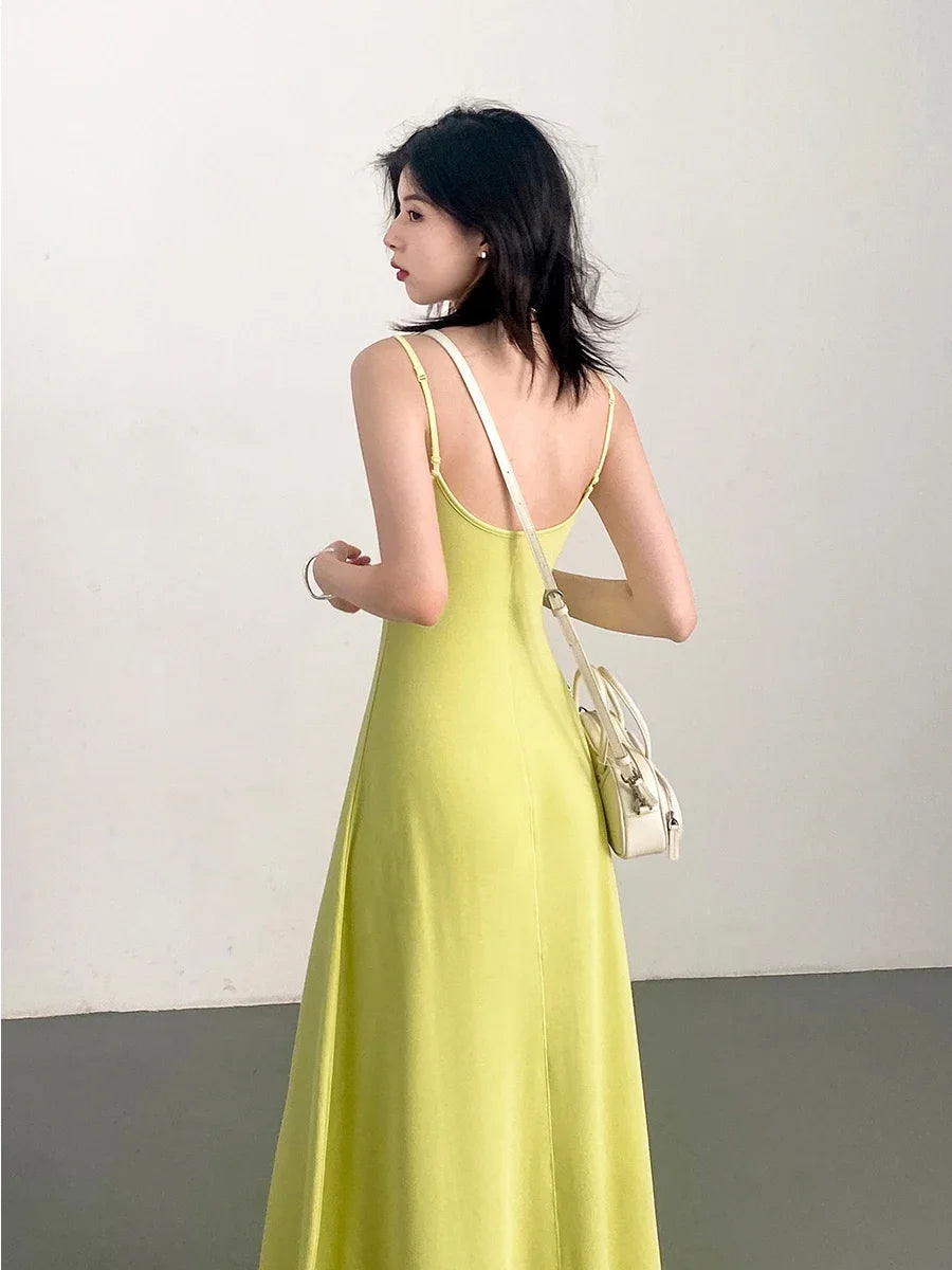 TAMBREET CHIC VEN Women Dresses Solid New Sleeveless Girl U-Neck Strap Dress Slim Fit Long Pullover Soft Female Dress Summer 2024