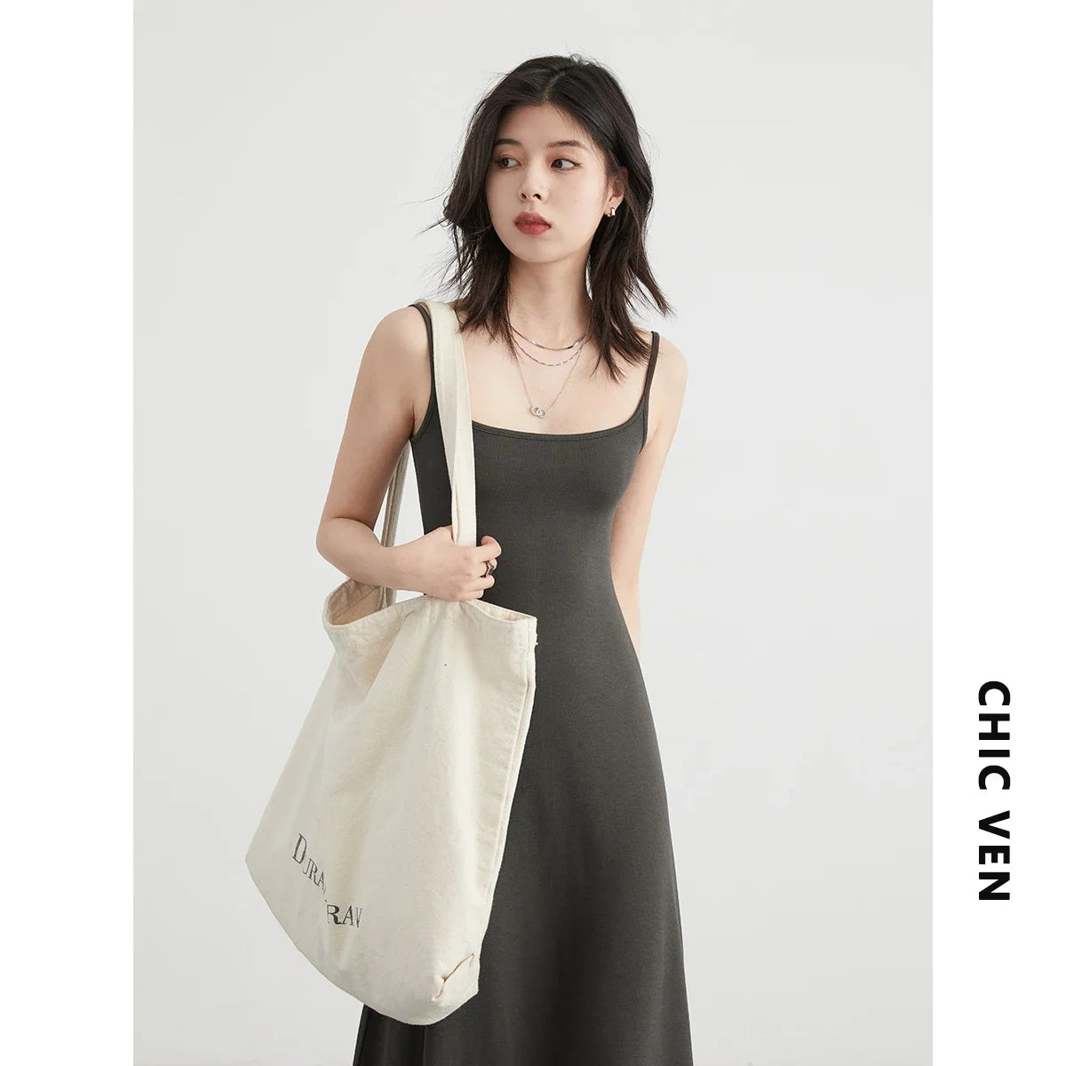 TAMBREET CHIC VEN Women Dresses Solid New Sleeveless Girl U-Neck Strap Dress Slim Fit Long Pullover Soft Female Dress Summer 2024