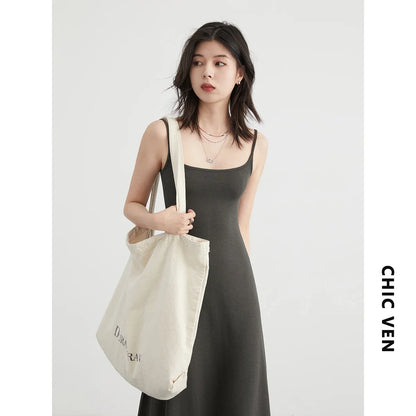 TAMBREET CHIC VEN Women Dresses Solid New Sleeveless Girl U-Neck Strap Dress Slim Fit Long Pullover Soft Female Dress Summer 2024