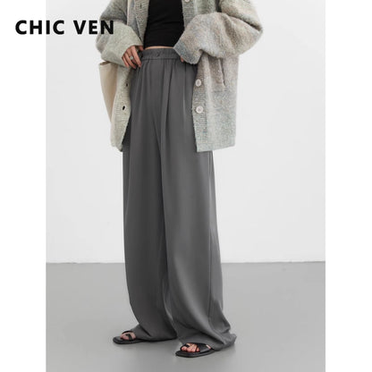 TAMBREET CHIC VEN Women Pants Loose Casual New Elastic High Waisted Draped Pleated Woman Trousers Female Wide Leg Pant Spring 2024