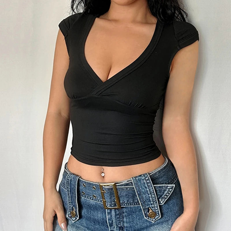 TAMBREET CIBBAR Sexy Deep V Neck Crop Top Women Basic Solid Tee Shirts 2024 Summer New Fashion T-shirts Vintage Clubwear Ladies Clothing