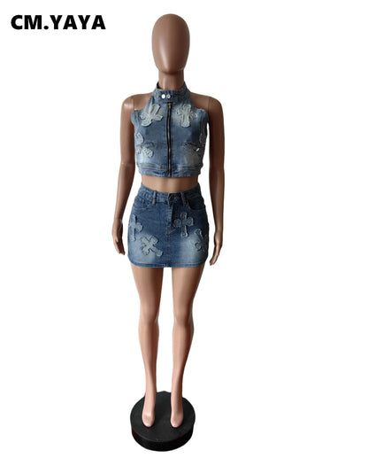 TAMBREET CM.YAYA 2024 Summer Denim Embroidery Women's Set Sleeveless Tops and Bodycon Mini Skirts Suit Street Two 2 Piece Sets Outfits