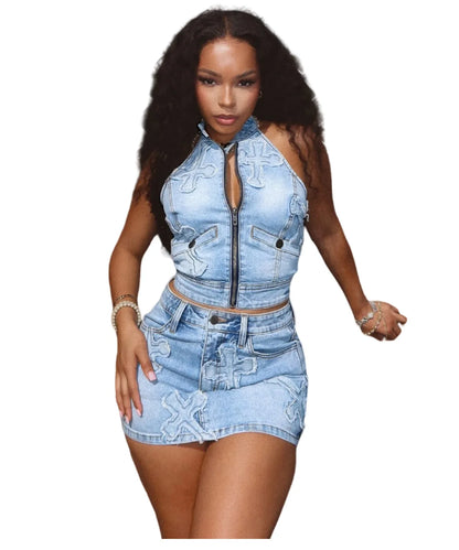 TAMBREET CM.YAYA 2024 Summer Denim Embroidery Women's Set Sleeveless Tops and Bodycon Mini Skirts Suit Street Two 2 Piece Sets Outfits