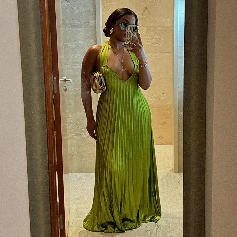 TAMBREET CM.YAYA 2024 Summer Sleeveless V-Neck Halter Floor-Length Long Women Dress Pleated Party Evening Beach Streetwear Maxi Dresses