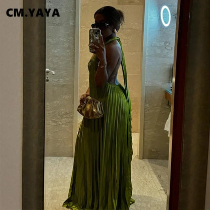 TAMBREET CM.YAYA 2024 Summer Sleeveless V-Neck Halter Floor-Length Long Women Dress Pleated Party Evening Beach Streetwear Maxi Dresses