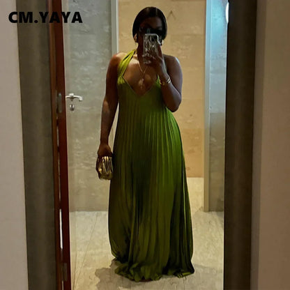 TAMBREET CM.YAYA 2024 Summer Sleeveless V-Neck Halter Floor-Length Long Women Dress Pleated Party Evening Beach Streetwear Maxi Dresses