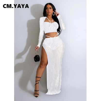 TAMBREET CM.YAYA Fashion Women’s Dress Set Style Mesh Hot Drilling Long Sleeve Top + Skirts Sets 2 Two Pcs Sets Sexy strapless Oufits