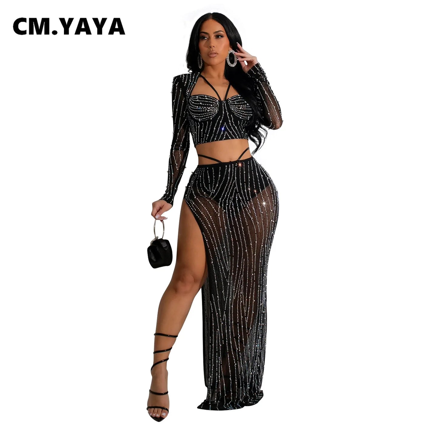 TAMBREET CM.YAYA Fashion Women’s Dress Set Style Mesh Hot Drilling Long Sleeve Top + Skirts Sets 2 Two Pcs Sets Sexy strapless Oufits