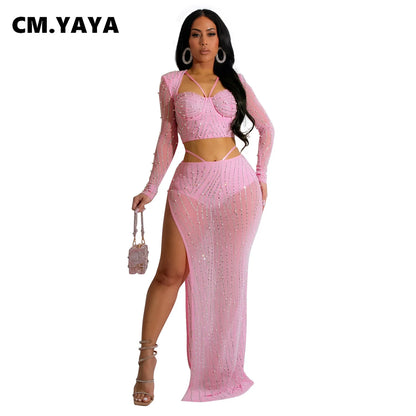 TAMBREET CM.YAYA Fashion Women’s Dress Set Style Mesh Hot Drilling Long Sleeve Top + Skirts Sets 2 Two Pcs Sets Sexy strapless Oufits