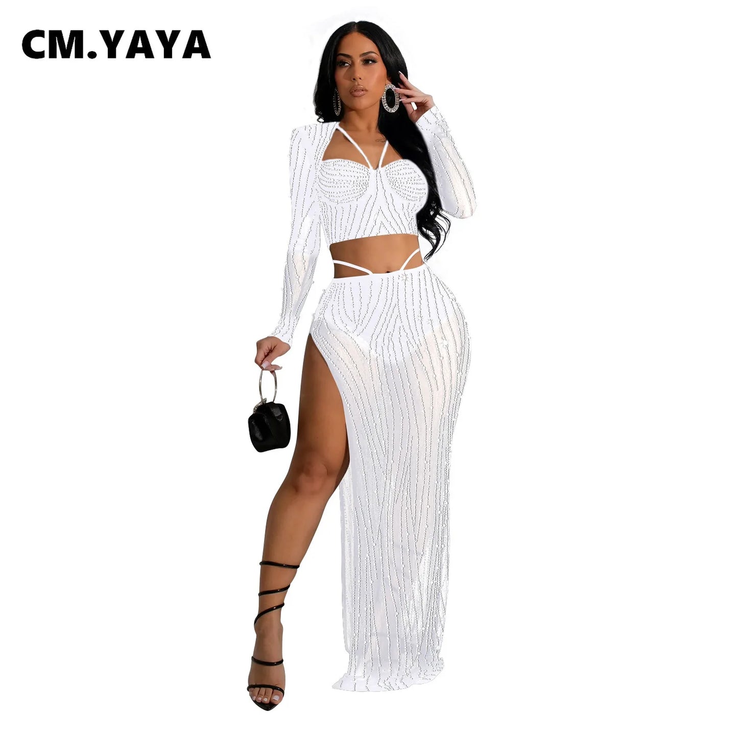 TAMBREET CM.YAYA Fashion Women’s Dress Set Style Mesh Hot Drilling Long Sleeve Top + Skirts Sets 2 Two Pcs Sets Sexy strapless Oufits