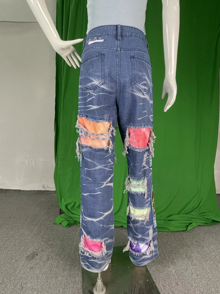 TAMBREET CM.YAYA Street Denim Pants Women Hole Patchwork High Waist Zipper Fly Jeans 2024 Ripped Trousers Street Skinny High Waist Pants