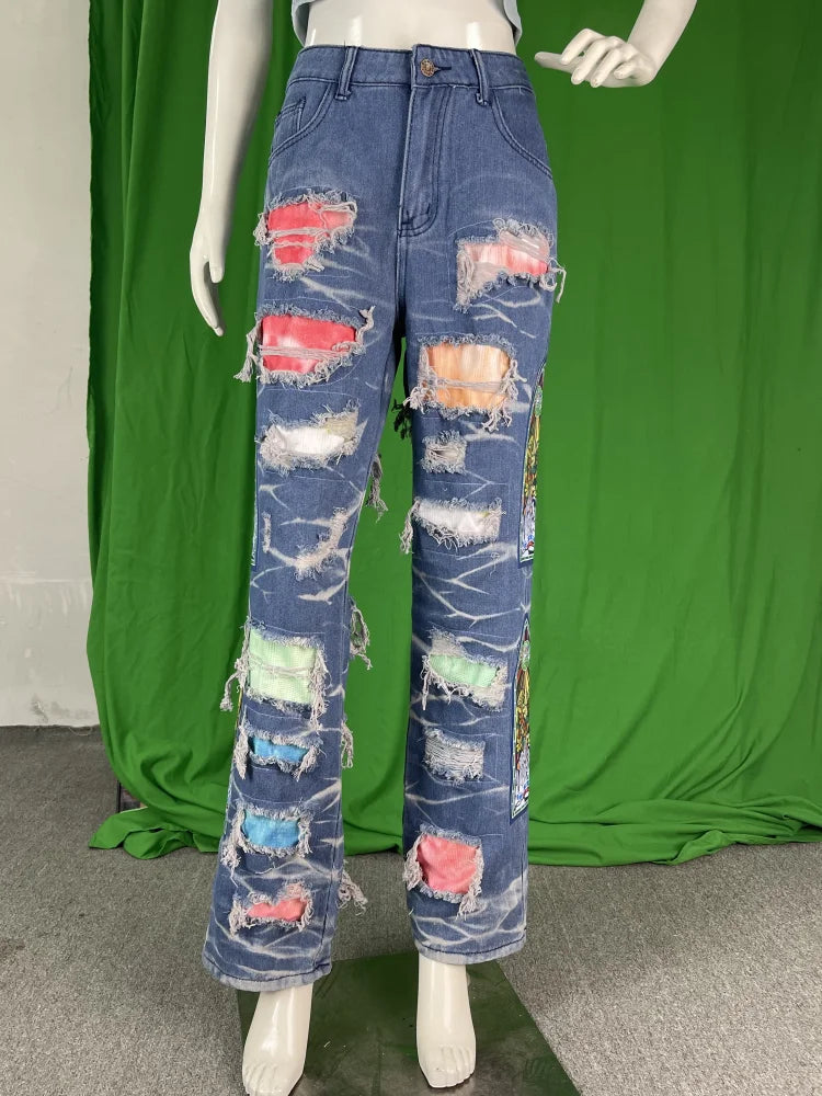 TAMBREET CM.YAYA Street Denim Pants Women Hole Patchwork High Waist Zipper Fly Jeans 2024 Ripped Trousers Street Skinny High Waist Pants