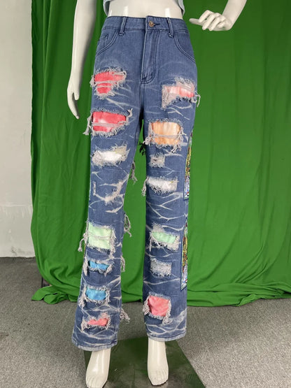 TAMBREET CM.YAYA Street Denim Pants Women Hole Patchwork High Waist Zipper Fly Jeans 2024 Ripped Trousers Street Skinny High Waist Pants