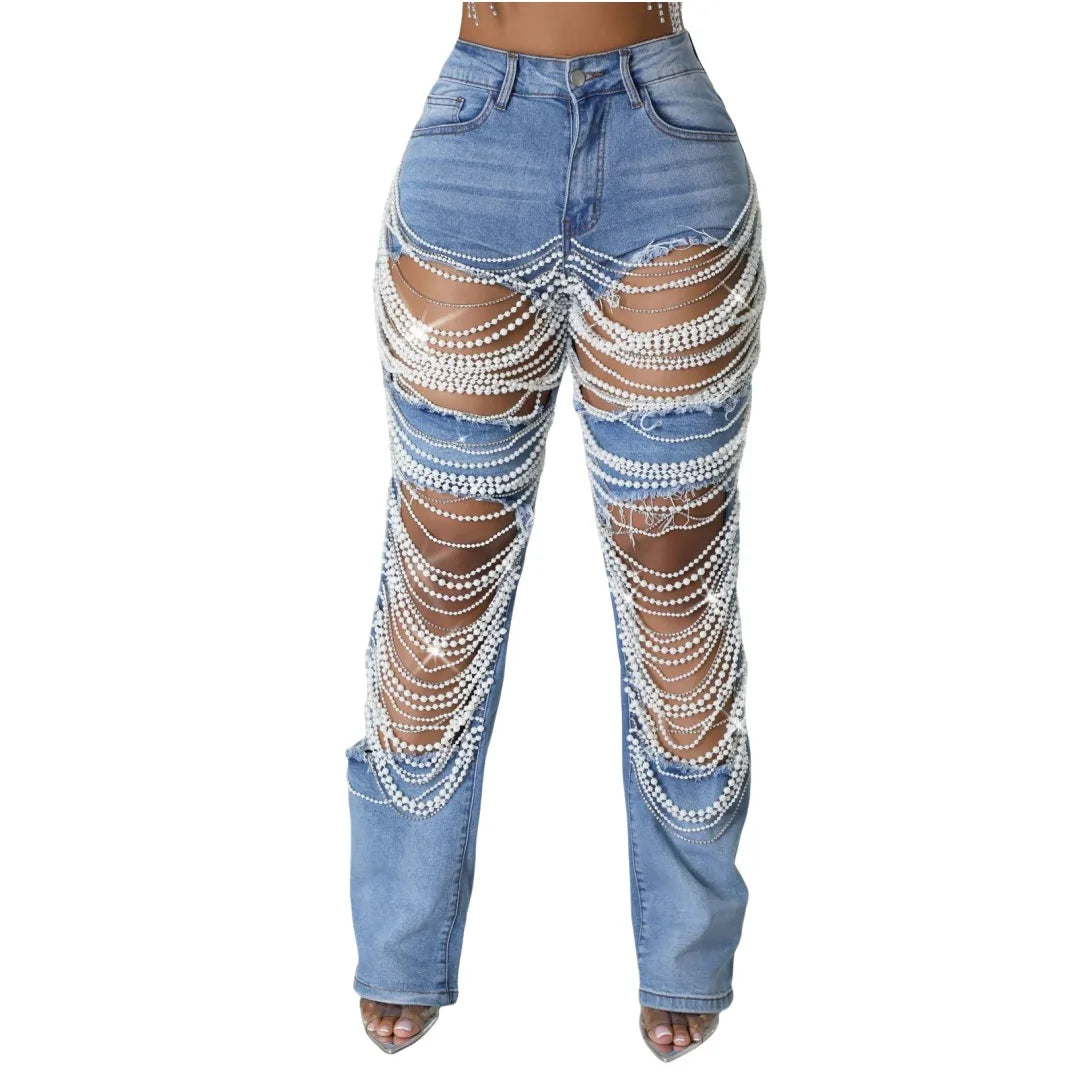 TAMBREET CM.YAYA Women Fashion Pearl Beading Ripped Hollow Out Tassel Wide Leg Jeans 2024 New Summer INS Street Denim Pants Trousers