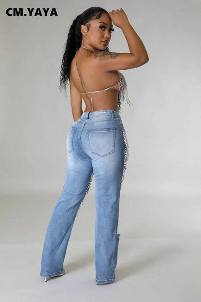 TAMBREET CM.YAYA Women Fashion Pearl Beading Ripped Hollow Out Tassel Wide Leg Jeans 2024 New Summer INS Street Denim Pants Trousers